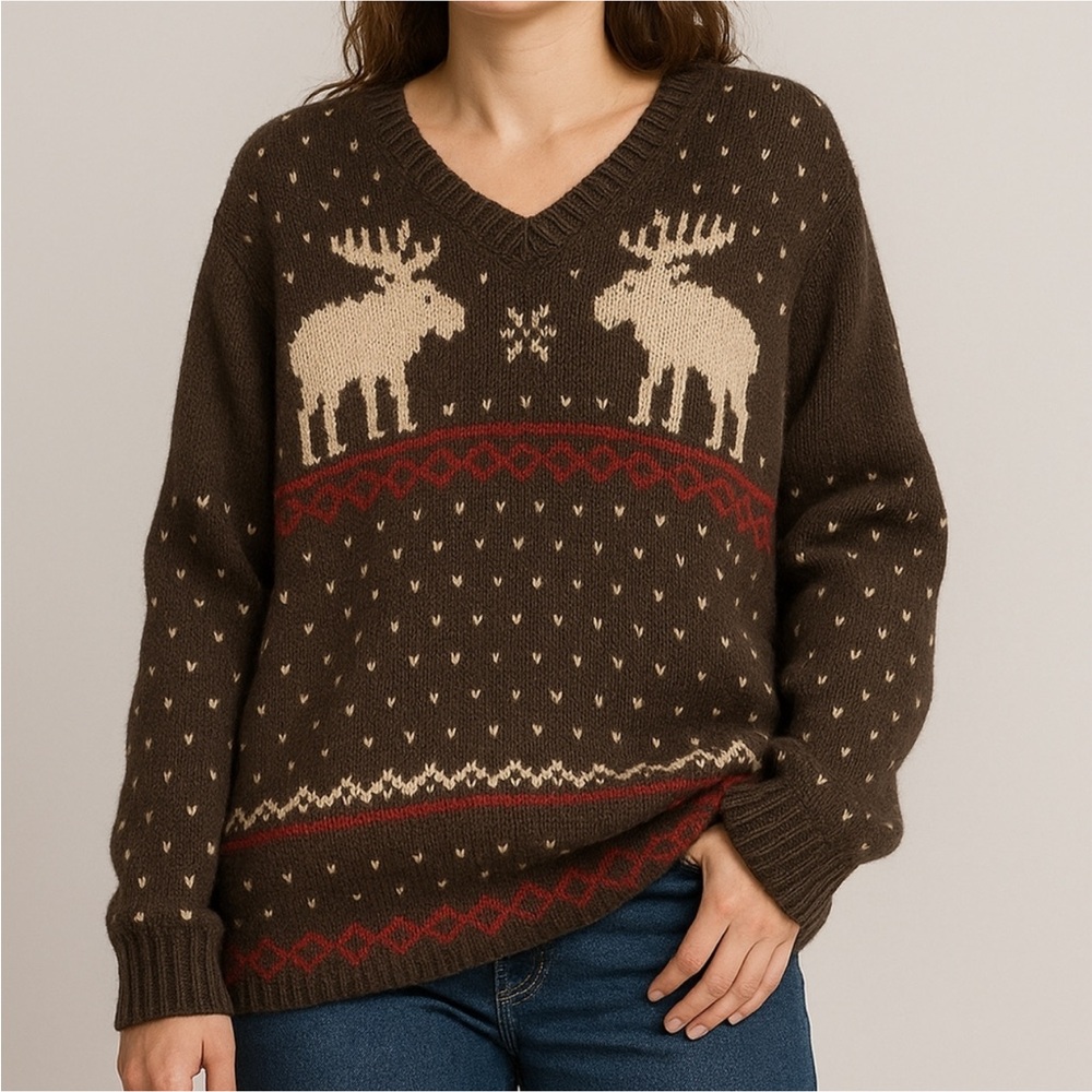 Vintage Polo Ralph Lauren Mens Large Cotton Linen Moose Fair Isle Sweater
